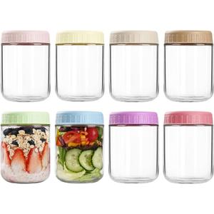 Overnight Oats Containers with Lids, 16oz Glass Jars with Lids 8 pcs, Wide Mouth Mason jars for Salad, Yogurt, Snacks, Meal Prep (Multicolor)