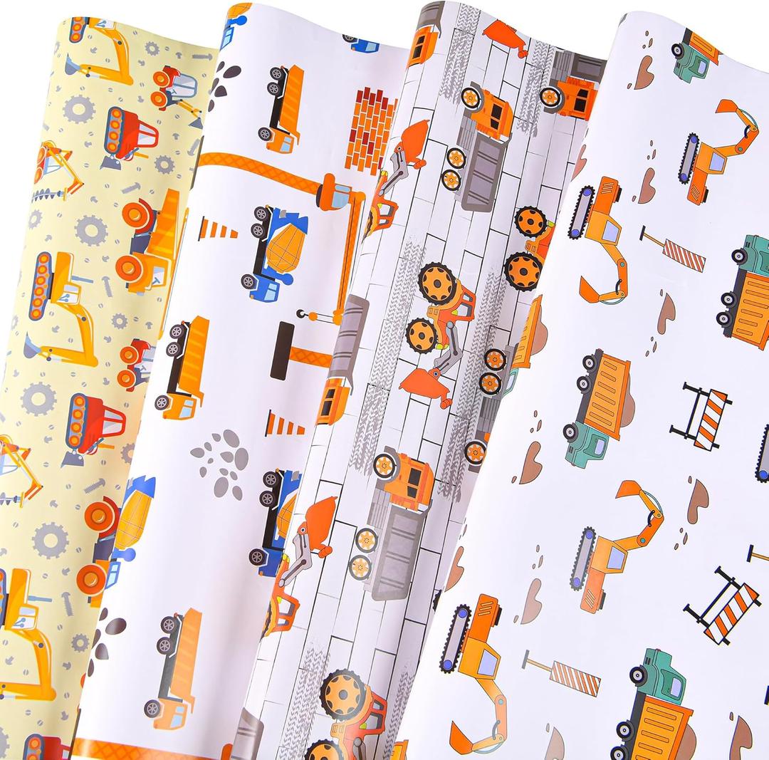 4 x Titiweet Construction Wrapping Paper - 12 Sheets Truck & Tractor Paper for Boys, Kids Birthday Holiday, 20 x 28 Inches Per Sheet