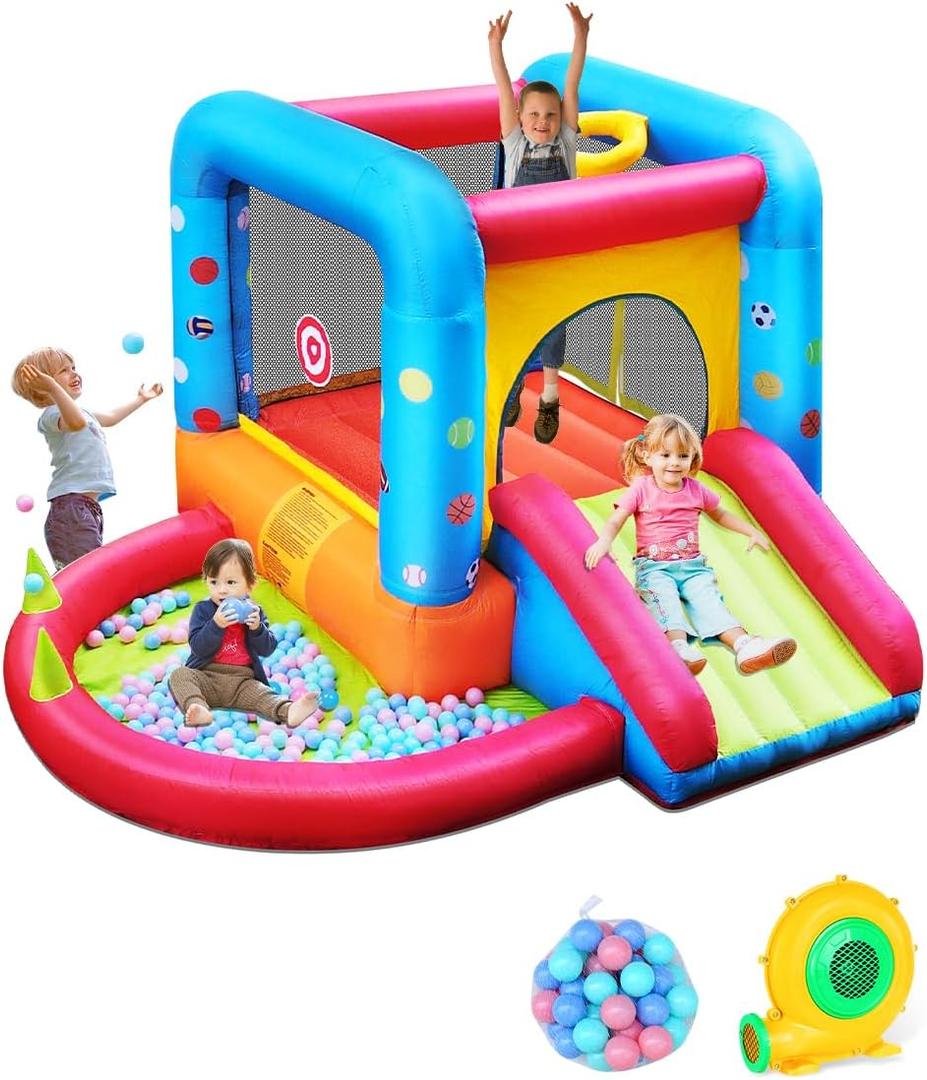 Inflatable Bounce House, Kids Castle Slide Bouncer for Children Jumping Outdoor and Indoor Party, Baby Backyard Water Jumper Toy with Blower, Ball Pit Pool, Ideal Gifts（112 x 98 x 65”）