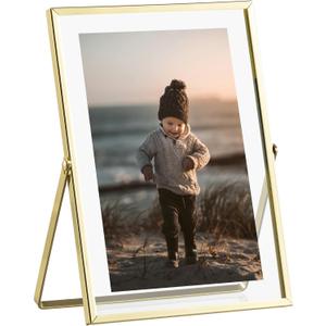 eletecpro 5x7 Metal Picture Frame with Real Glass Cover, Horizontal Tabletop Display Photo for Multiple Size up to 5x7, Floating Photo Frame for Wedding, Party, Home Decor, Gold