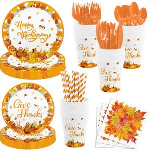 MEHOFOND 192Pcs Happy Thanksgiving Party Supplies, Give Thanks Dinnerware Sets, Thanks Giving Autumn Maple Leaves Plates Napkins Tableware for Fall Friendsgiving Dinner Party Decor