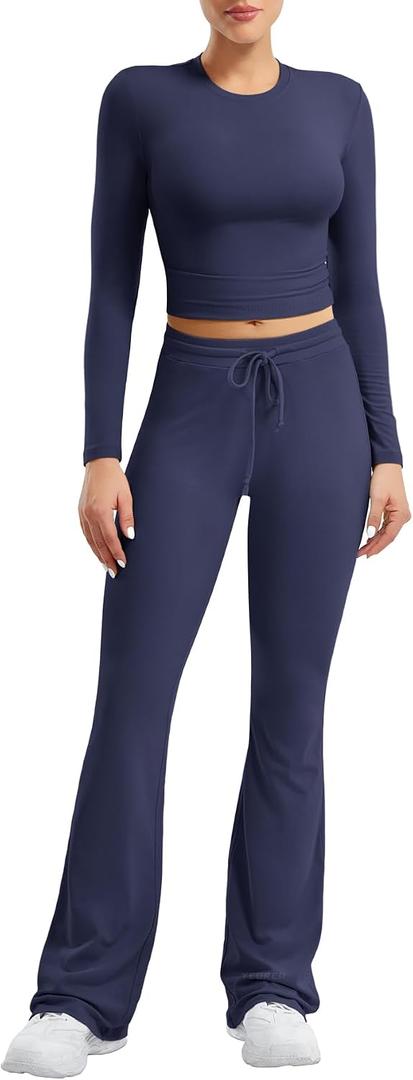 YEOREO Two Piece Sets for Women Long Sleeve Tops Lounge Set Drawstring Wide Leg Pants Ava Matching (Blue, M)