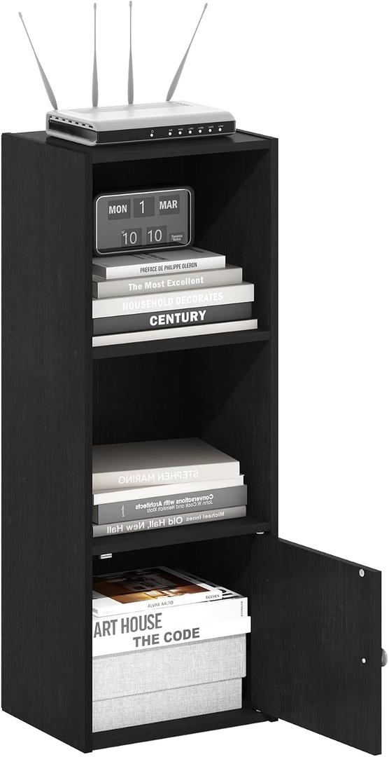 Furinno LUDER Book Shelf, 3-Tier Modern Bookshelf, Bookcase with 1 Door Storage Cabinet, 9.3 x 12 x 31.5, for Organization and Storage, for Living Room, Bedroom, Home Office, Blackwood, 3-Cube with Cabinet