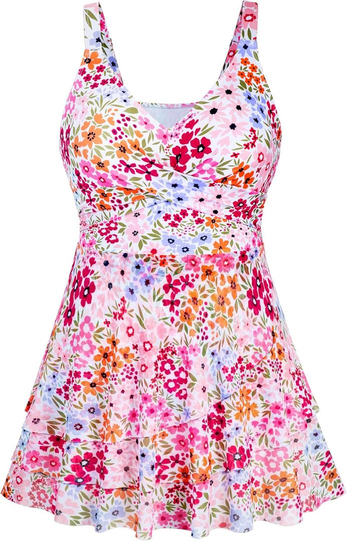 Arolina Women Plus Size One Piece Swimsuits Mesh Ruffle Swimdress Modest Bathing Suit Front Cross Swim Suits with Bottom, 18W