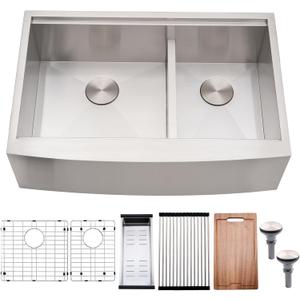 33 Inch Double Bowl Farmhouse Sink - 33x22 Farmhouse Kitchen Sink Double Bowl Workstation Stainless Steel Kitchen Sink 60/40 Apron Front Farm Sink with Accessories