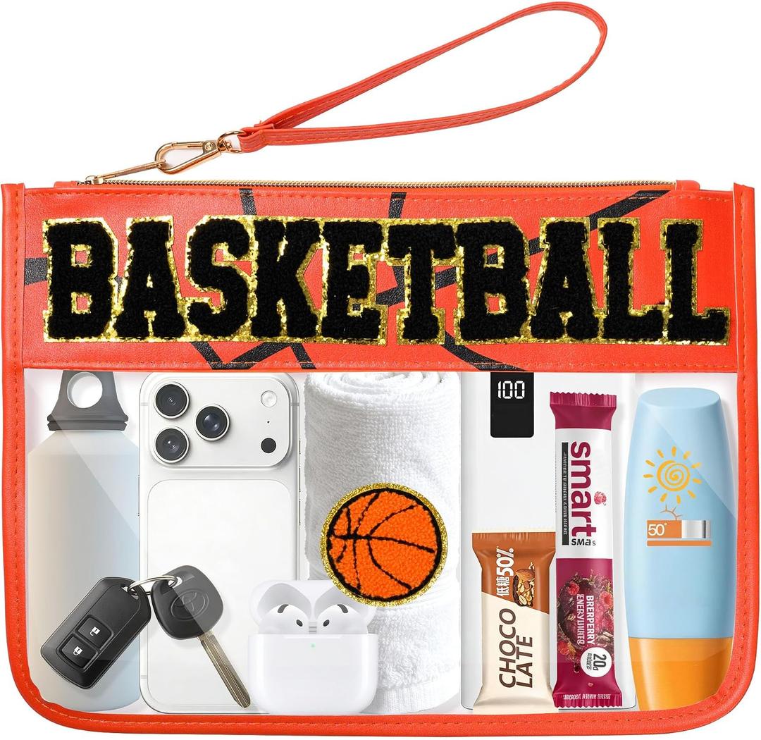 Basketball Gift Clear Basketball Bag with Chenille Letter Patches, Waterproof PVC Toiletry Pouch with Wristlet, Large Portable Makeup Bag for Basketball Moms Essentials, Game Day & Travel Organizer