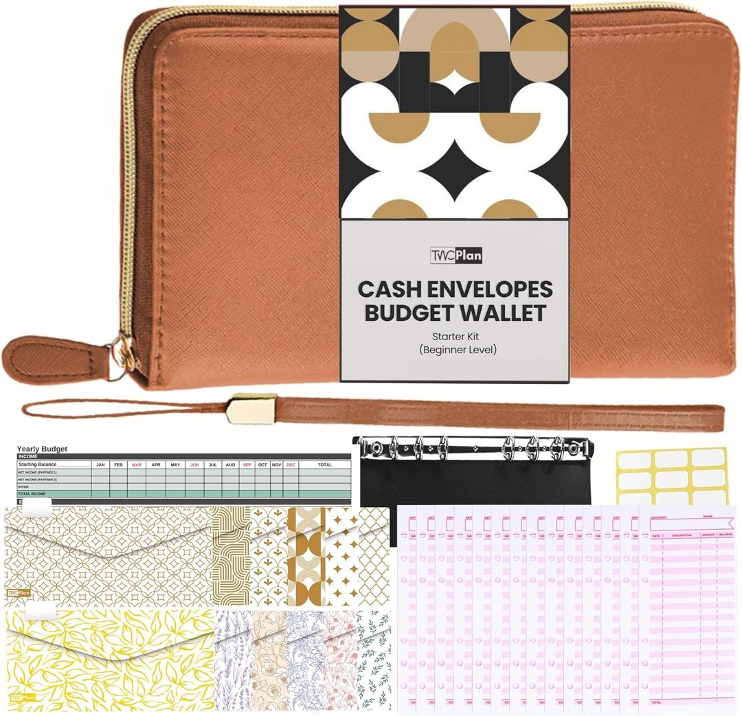 Cash Envelope Wallet Brown All in One Budget System RFID Blocking with 12x Tabbed Cash Envelopes, 12x Monthly Budget Cards,1x Yearly budget planner sheet Complete Money Organizer Set for Cash
