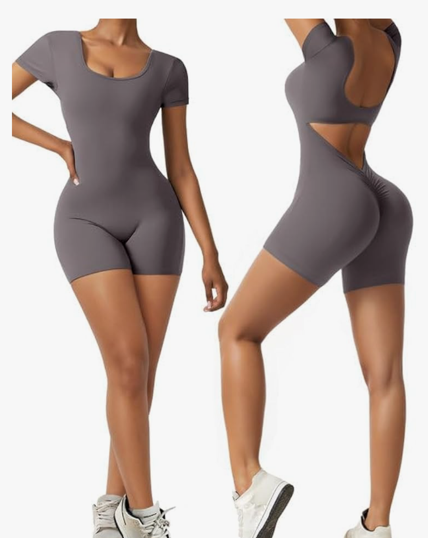Short Sleeve Jumpsuit Workout for Women Square Neck One Piece Backless Tummy Control Bodycon Scrunch Butt Yoga Rompers, Gray, Small
