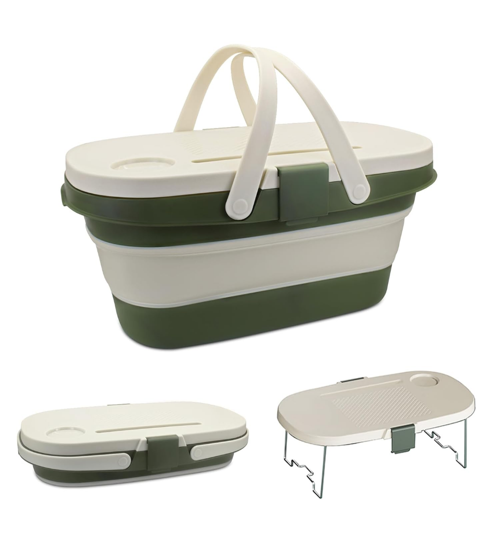 WisePoint Foldable Picnic Basket with Handles, Plastic Picnic Accessories Camping Basket with Lid, Large Capacity Outdoor Basket for Picnicking, Camping, Hiking (White+Green)
