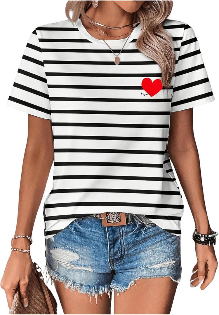 Floerns Women's Short Sleeve T Shirts Striped Print Round Neck Summer Tee Shirts, Size: S