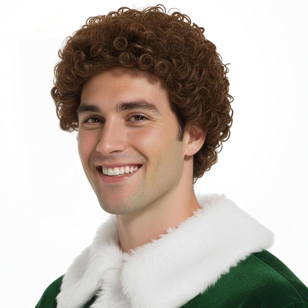 Elf Wig Curly Wig Men - Brown Curly Hair Cosplay Costumes Accessories Adults, Full Wigs for 70s Disco Holiday Party, Halloween, Christmas (One Size)