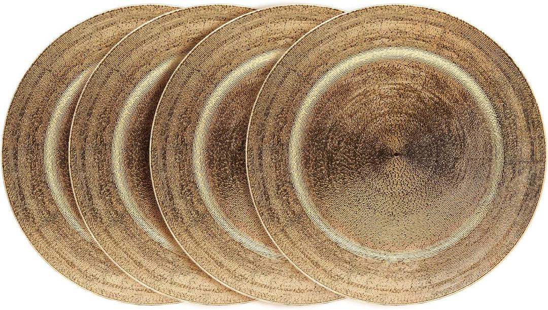 Charge It by Jay Dazzie Electroplated Charger Plate 13 Decorative Melamine Service Plate for Home, Professional Dining, Perfect for Upscale Events, Dinner Parties, Weddings, Catering, Set of 4, Gold