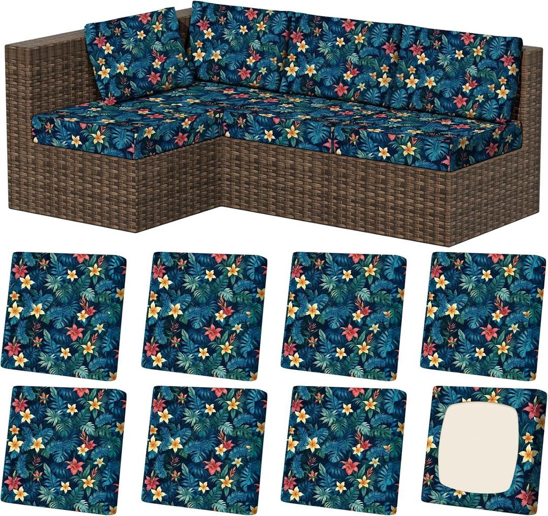 8Pcs Stretch Patio Cushion Covers, Outdoor Couch & Sofa Replacement Slipcovers for Patio Furniture Cushion Covers, Washable Reusable Furniture Protector (Square-large, Tropical Flower)