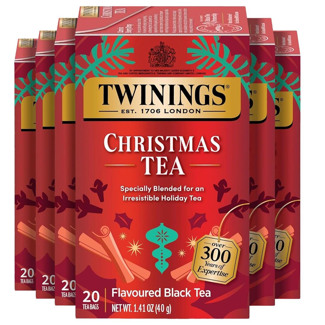 Twinings Christmas Tea, Holiday Spiced Black Tea Bags, 20 CT Box (6 Pack) | Sweet & Savoury Spices, Cinnamon & Cloves, Seasonal Blend, Naturally Caffeinated, 120 Foil Lined Individually Wrapped Bags (EXP 08/25/28)