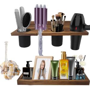 Wall-Mounted Hair Tool Organizer with Heat Resistance - Set of 2 Layer Rustic Blow Dryer Holder (Dark Brown)