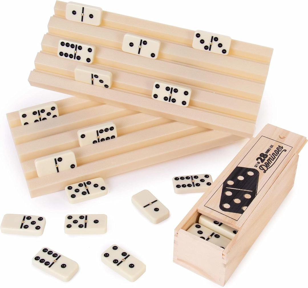 Brybelly Domino Party Set, Includes 28 Double Six Dominoes in Wooden Storage Box and 2 Domino Trays
