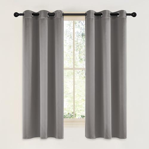 NICETOWN Room Darkening Cafe Satin Curtains for Small Windows, 42" Wide by 63" Long, 2 Panels, Chrome Gray, Grommet Privacy Blackout Drapes for Play Room