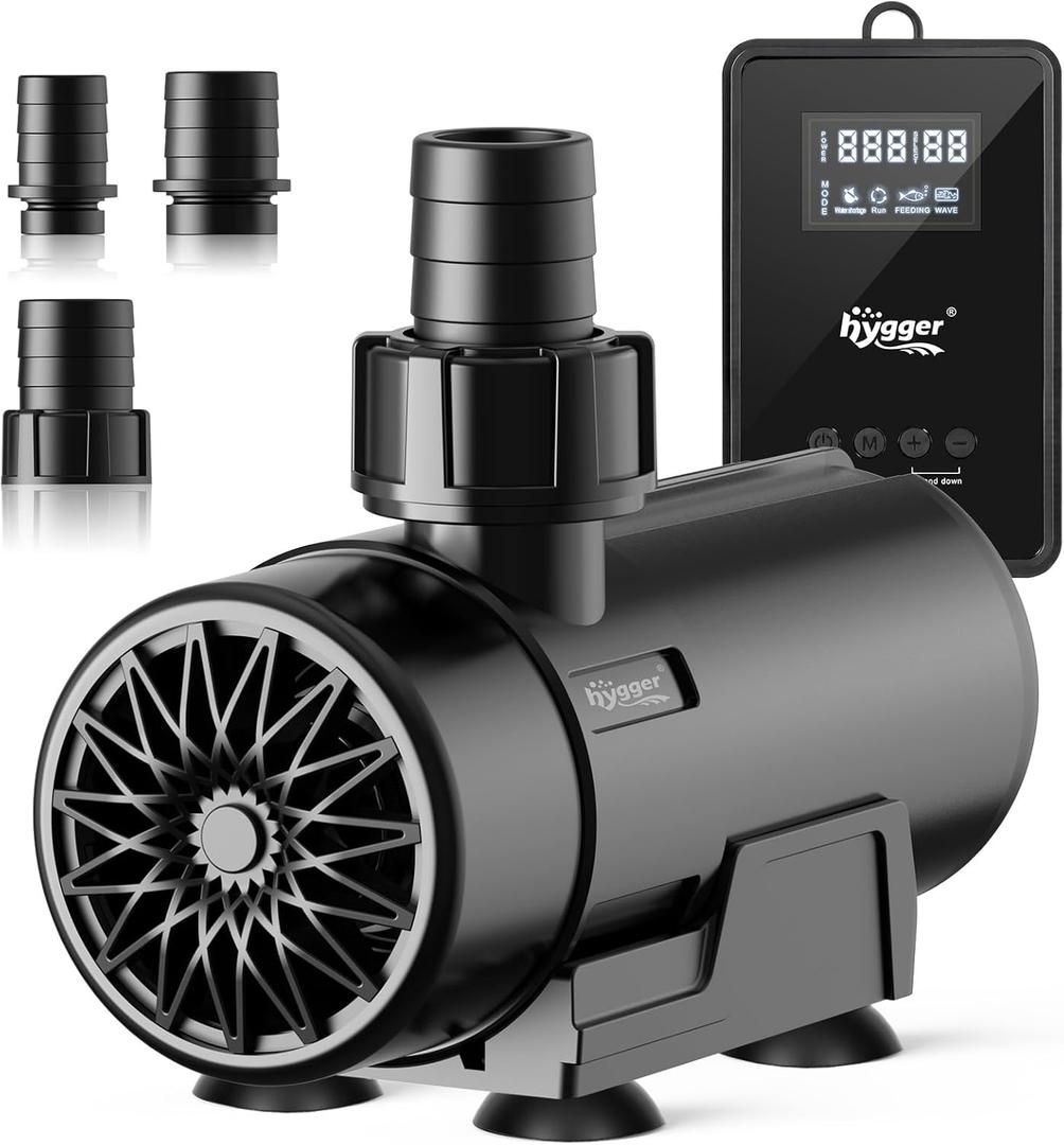 Hqygger 15W-100W Water Pump with Controller (Up to 3430GPH), Submersible/Inline Return Pump with Adjustable Mode/Flow, 2 Fountain Pump with 2 Inlet Cover and 3 Nozzles, for Fish Tank, Pond, Aquarium