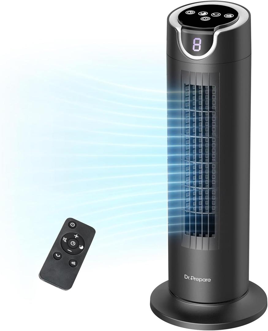 DR.PREPARE Tower Fan for Bedroom, 25 dB Quiet DC Bladeless Fan with Remote, 8 Speeds, 1-8H Timer, 80 Oscillating Fans for Indoors, 16 Inch Portable Desk Table Fans for Room, Home, Office