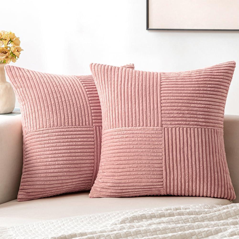 MIULEE Blush Pink Corduroy Pillow Covers Pack of 2 Boho Decorative Spliced Throw Pillow Covers Soft Solid Couch Pillowcases Patchwork Cushion Covers for Living Room Bed Sofa 18x18 inch Valentines Day