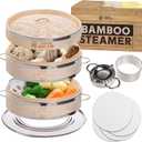 Dumpling Bamboo Steamer 10 Inch 2 Tier Wooden Basket With Handle, Ring Adapter, Reusable Silicone Liner, Kit For Cooking Baby Bao Bun, Dim Sum, Rice Potsticker Steaming Chinese Asian Food & Vegetables