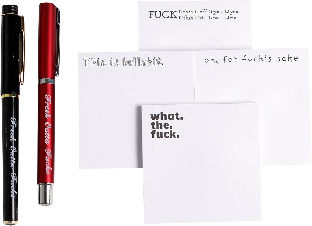 Fresh Outta Fucks Pad and Pen, Snarky Novelty Office Supplies, 4 Funny Sticky Notes and 2 Pen Set,Novelty Pen Desk Accessory Gifts for Friends Co-Workers (4Pad with 2Pen -A)