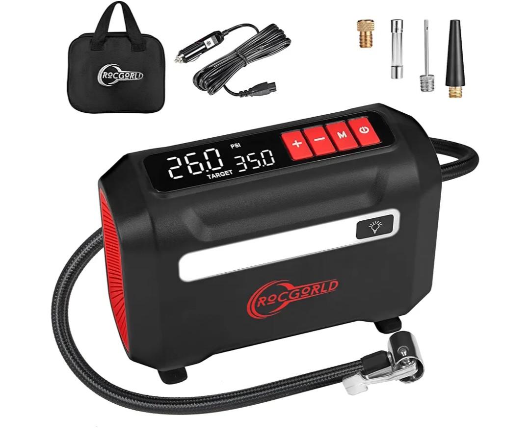 ROCGORLD R8 Tire Inflator Portable Air Compressor, DC 12V Air Compressor Portable with Large Dual Digital Screen, 3X Faster Inflation Air Pump for Car, Bike, Ball, Motor
