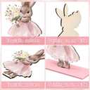 Leinuosen 8 Pcs Spring Easter Bunny Wooden Signs Pink Floral Bunnies Wood Table Decor with Base Spring Rabbit Tiered Tray Easter Decorations for Home Party Desk Mantel Tabletop Centerpiece
