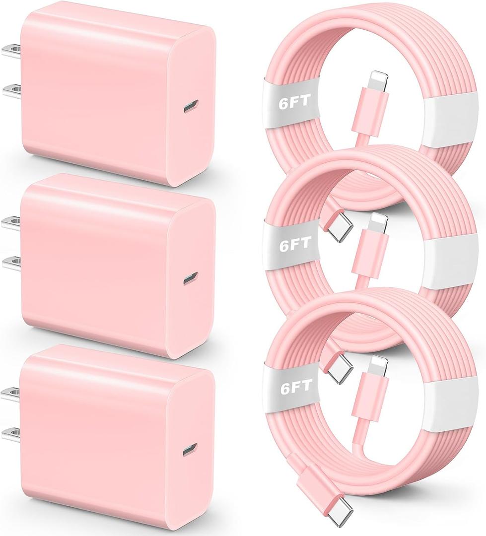 for iPhone Charger Fast Charging,MFi Certified 3 Pack 20W PD USB C Wall Charger Adapter with 6FT USB C to ightning Fast Charging Cable Compatible with iPhone 14/13/12/11/Pro/Pro Max/Xs/Xr/X, Pink