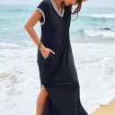 MEROKEETY Women's 2025 Spring Summer Maxi Dress Casual V Neck Split Beach Vacation Loose Long Dresses (Blue, S)