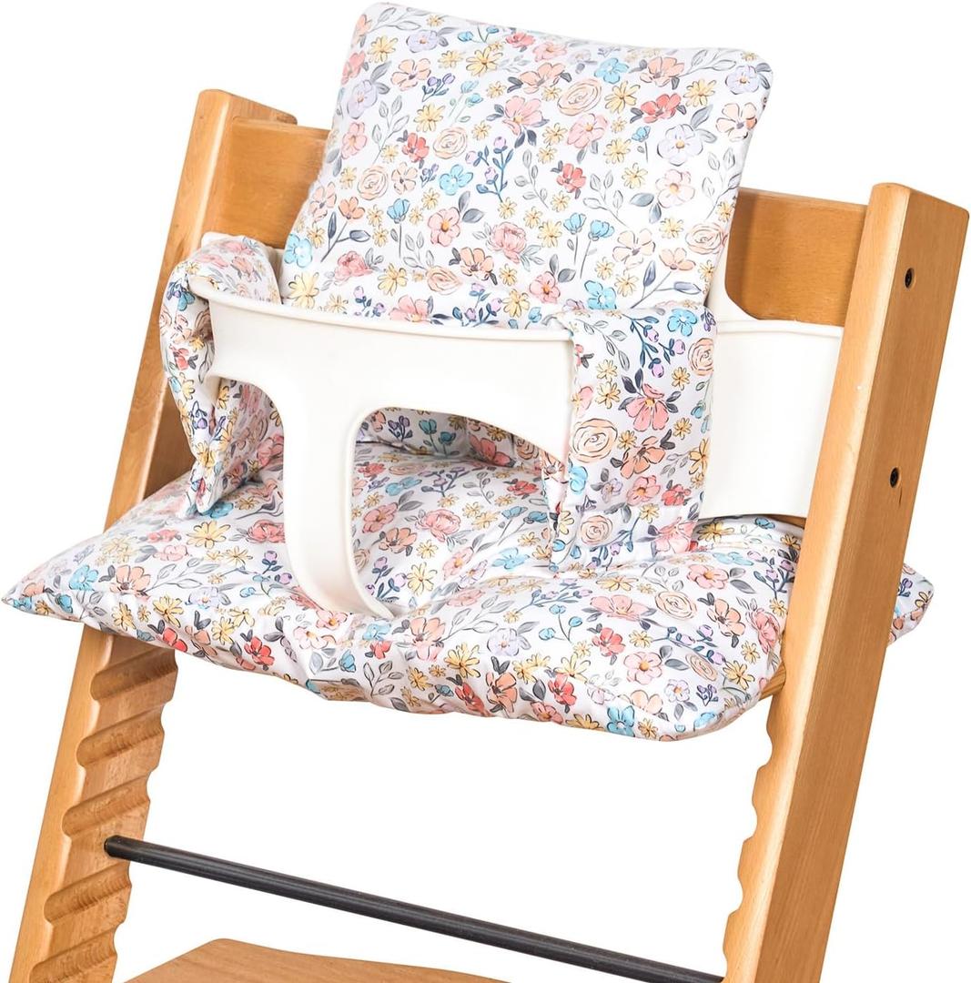 Extra Padded Soft Dining Chair Seat Cushion, Wateproof & Wipe Clean Cushion for Stokke Tripp Trapp High Chair, 18" L x 11" W, Compatible & Convertible Design (Blooming Flowers)