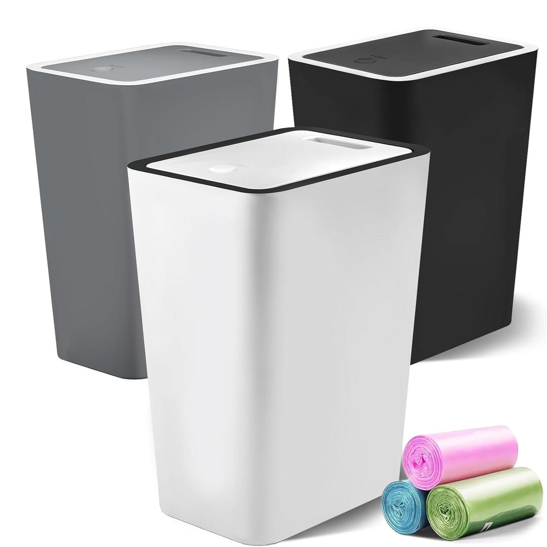 Lysam Small Trash Can, 3 Pack 4 Gallons Bathroom Garbage Can with Lid Press-Top, Small Waste Basket with Trash Bags, Slim Plastic Garbage Bin for Dorm, Office, Bedroom, Kitchen, Living Room (Multi) (Black & White &Grey)