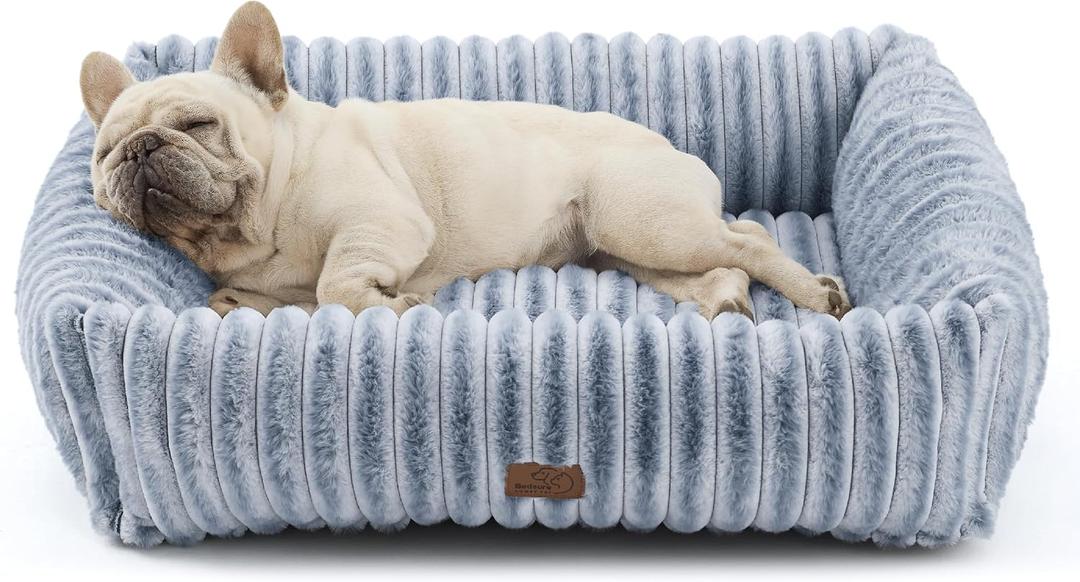 Bedsure ComfyFleece Cute Dog Bed Medium Size Dog - Washable Furry Puppy Beds, Rectangle Orthopedic Corduroy Fleece Pet Beds with Removable Zipper Cover, 30x24x8inches,Blue Indigo