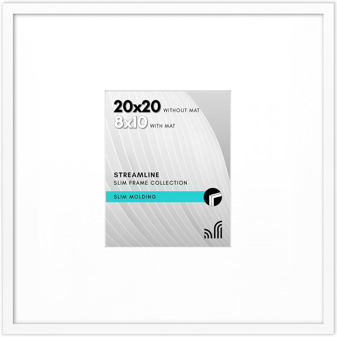 Americanflat 20x20 Picture Frame with Polished Plexiglass - Use as 8x10 Frame with Mat or Display 20x20 Photo Without Mat - Streamline Collection - Thin Border Square Frames for Wall Display - White