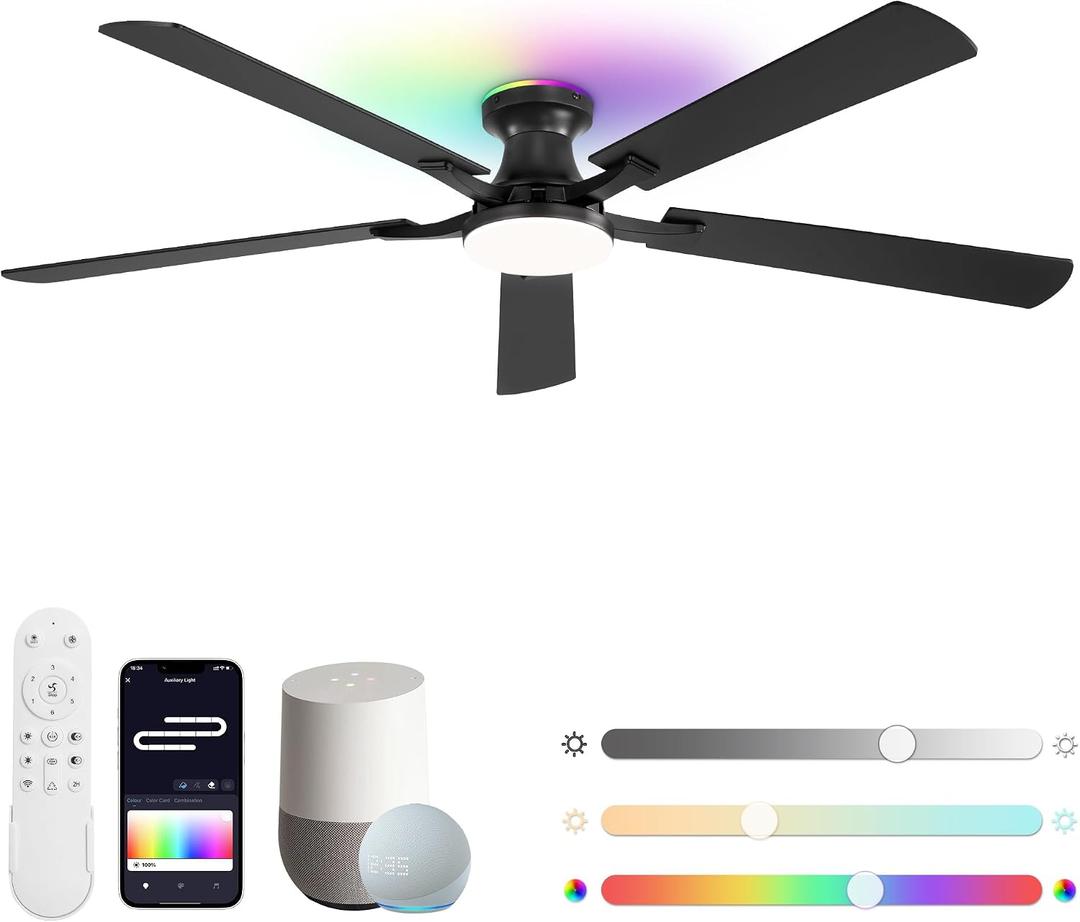 ZMISHIBO 60 Inch Ceiling Fans with RGB Lights, Low Profile Flush Mount Ceiling Fan with Alexa/App/Remote, Dimmable 20W LED Light, Black Modern Fan for Living Room, Bedroom, Game Room