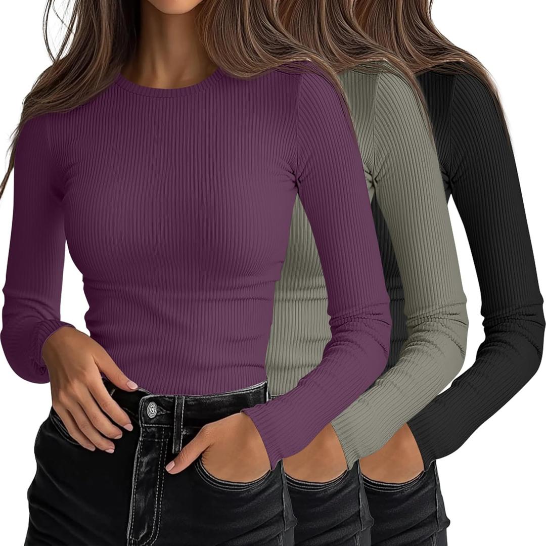 Ficerd 3 Pack Women's Ribbed Long Sleeve Tops, Crew Neck Slim Fit Undershirts Knit Basic Casual Stretch Layering Tee Shirts (Small, Black, Gray Green, Dark Violet)