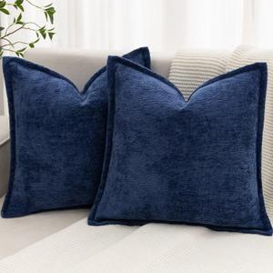 Navy Blue Decorative Throw Pillow Covers 18x18 Inch Set of 2 Cozy Soild Chenille Cushion Cases Soft Textured Square Couch Pillows Cover Boho Accent Farmhouse Pillowcases for Sofa Bed