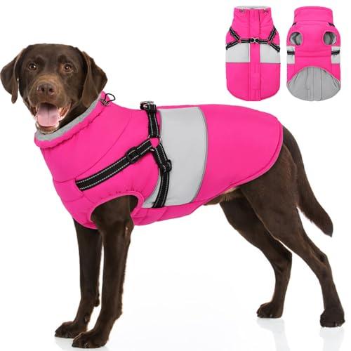 SUNFURA Dog Jacket, Large Dog Coat with Harness Built in, Warm Pet Winter Jacket Zippered Snow Coat with Furry Collar, Waterproof Fleece Snowsuit for French Bulldog, Hot Pink L