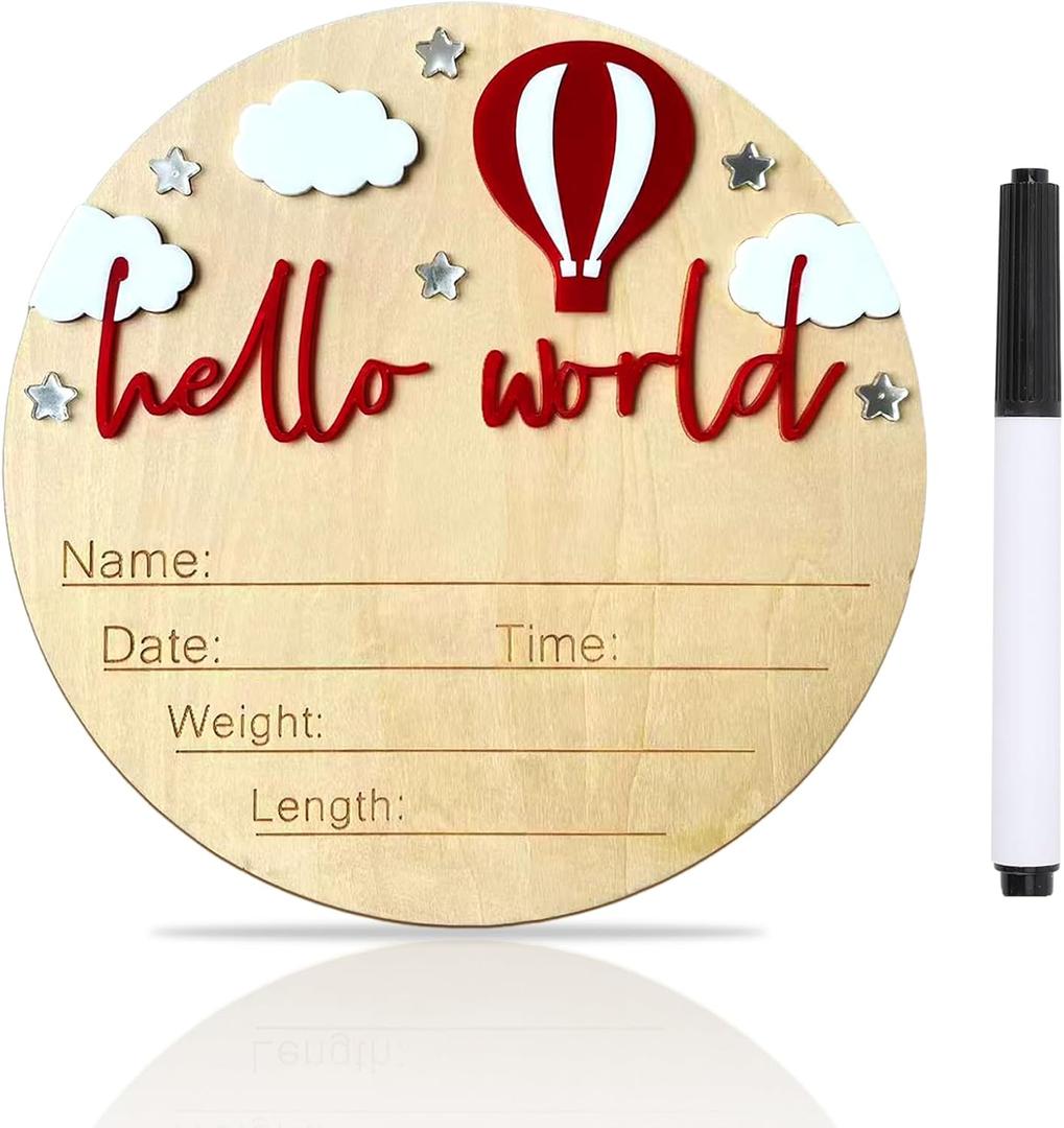Baby Announcement Sign, 5.9 Inch Wooden Hello World Newborn Signs, Birth Announcement Sign and Pen, Hot Air Balloon and White Cloud Decoration, Welcome Newborn Arrival to World (Red)