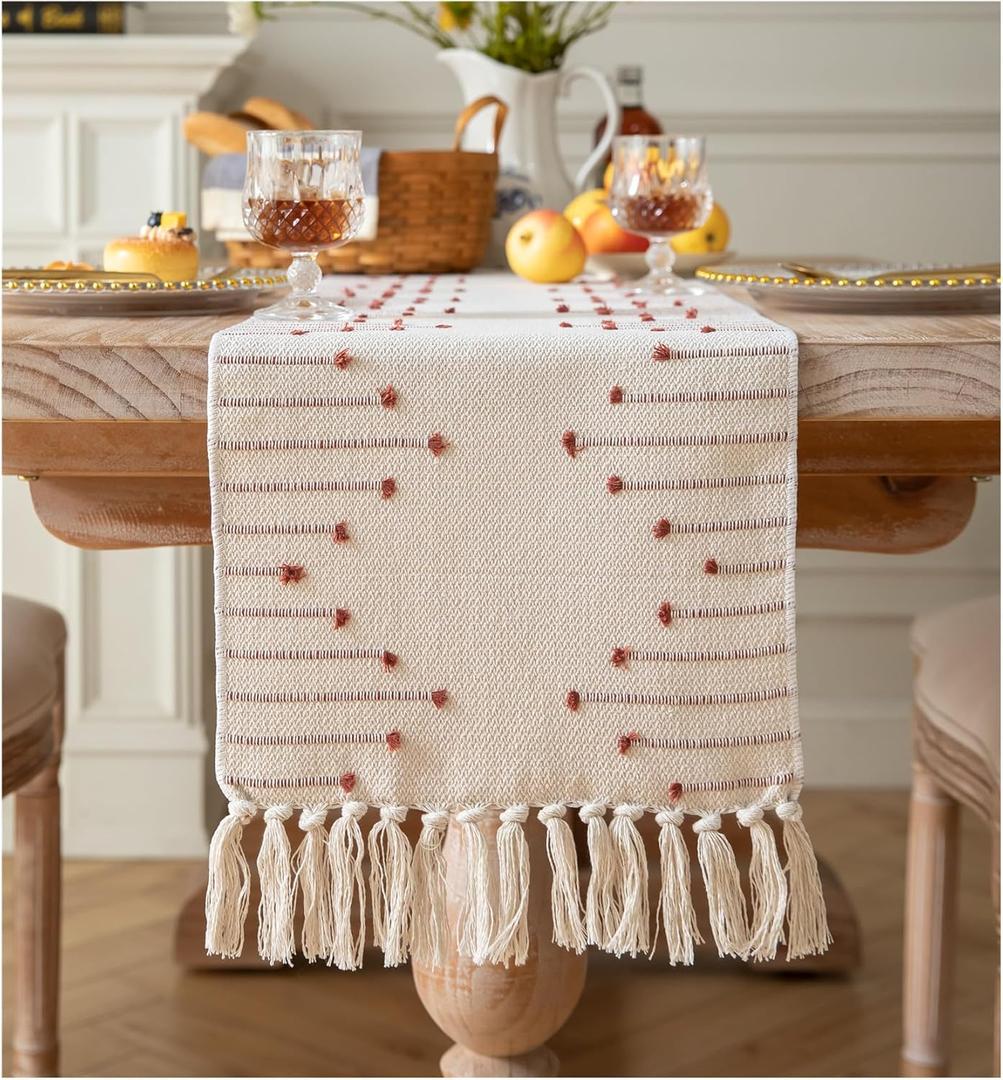 Caflife Boho Table Runner 13 x 90 Inch Long Natural Cotton Woven Runner with Tassels for Fall Home Dining Table dcor, for Modern Farmhouse Decor Coffee Table Runner, Rust and Beige