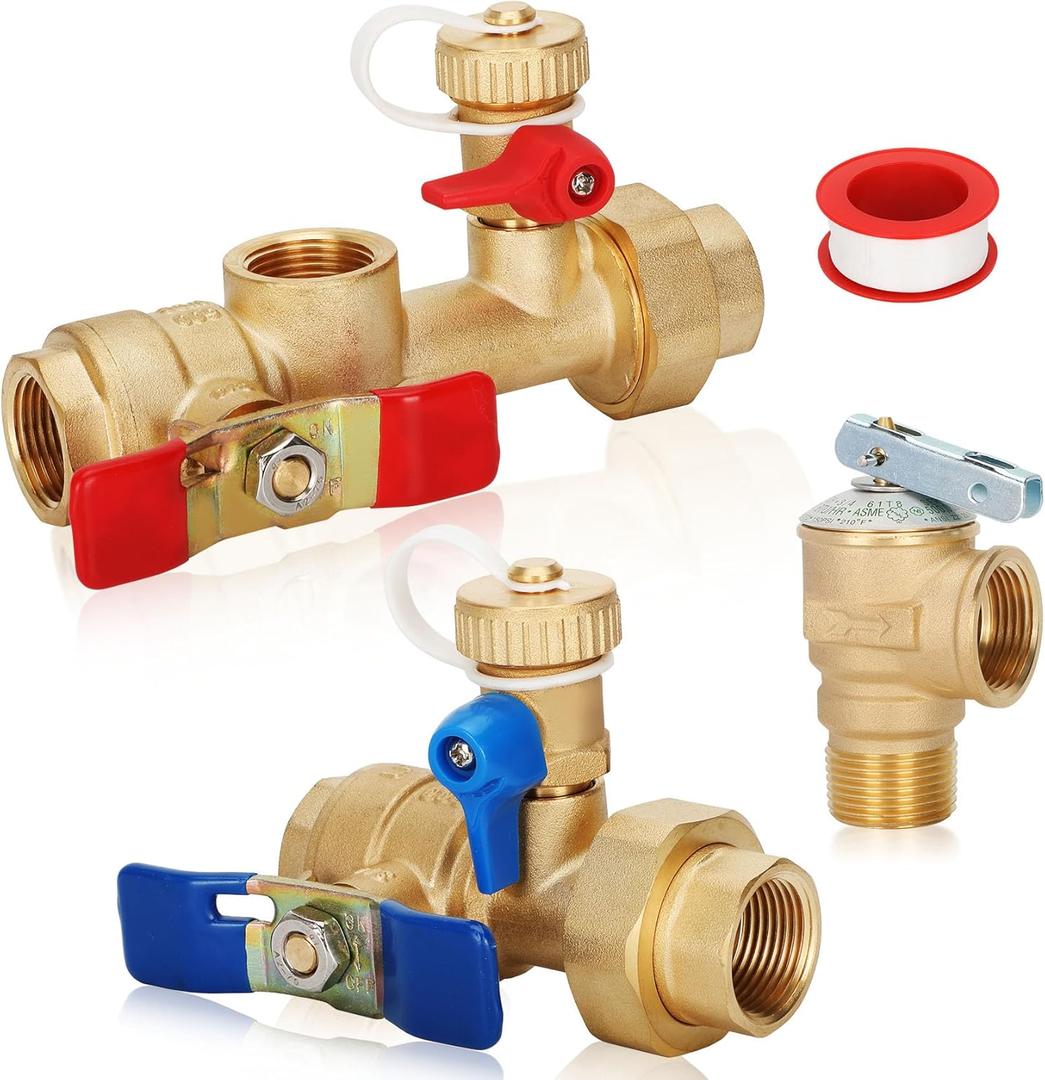 3/4in Tankless Water Heater Valve Kit with Pressure Relief Valve, IPS Isolator Tankless Water Heater Service Valve Kit, Suitable for rheem/rinai/ecosmart/navien/noritz/takagi/bosch