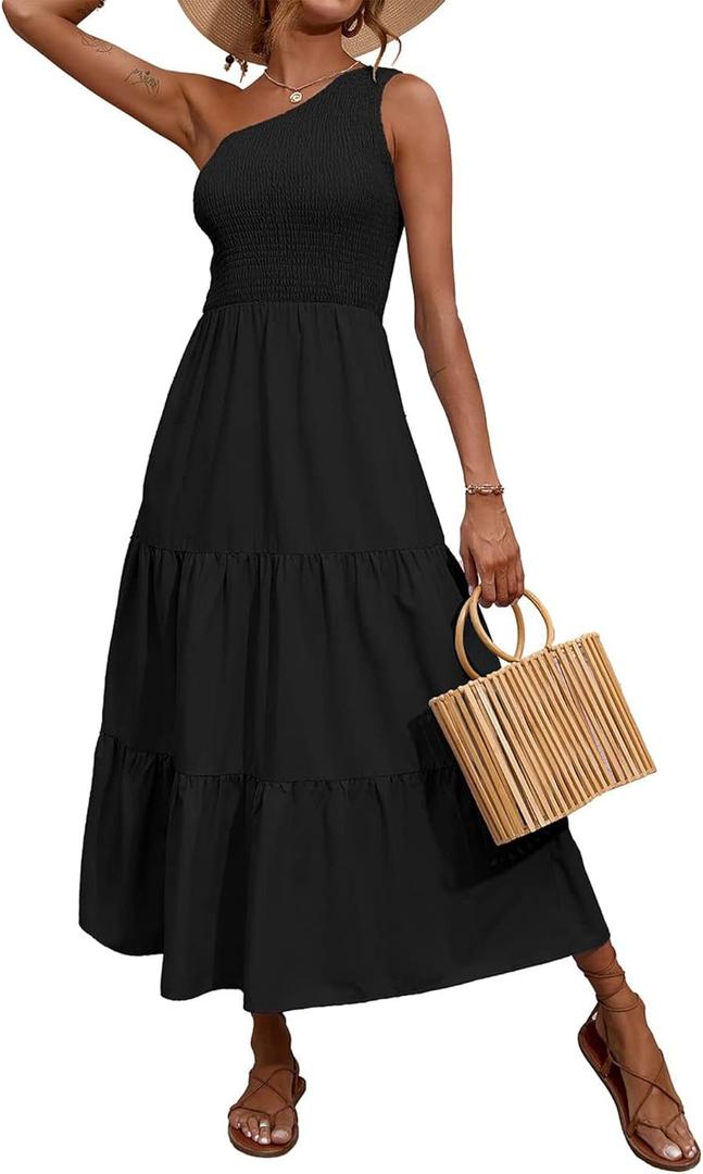 BTFBM Summer Dresses 2026 Spring One Shoulder Floral Flowy Sundresses for Women Sleeveless Smocked Boho Beach Maxi Dress (Small, Solid Black)