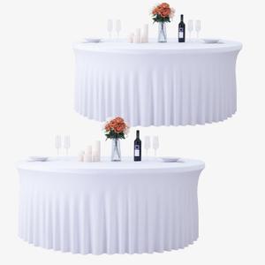 2 Pack White Table Cloth for 5FT Round Tables, Fitted Spandex 120 inch Round Tablecloth, Wrinkle Free White Table Skirt for Receptions Birthday Holiday Dinner Banquet Engagement Party Decoration
