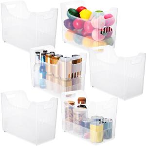Qunclay 6 Plastic Freezer Organizer Bins with Wheel Set Clear Tall Narrow Kitchen Pantry Organizer Snack Storage Containers for Office Refrigerator(10 x 13.3 x 6.7inches)