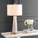 JONATHAN Y 29" Cream Modern Ceramic Column Table Lamp with Brass Gold Base, Elegant Bedside Lamp for Living Room Bedroom Nightstand, White Linen Shade, LED Bulb Included JYL3046A