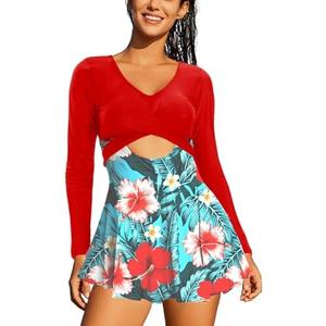NESY Long Sleeve Swimsuits for Women Rash Guard V Neck One Piece Bathing Suit Swim Dress Woman Swimwear Swimdress UPF 50+ (No Size)