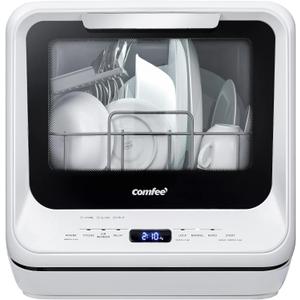 COMFEE' Portable Dishwasher Countertop with 5L Built-in Water Tank, No Hookup Needed, 6 Programs, 360 Dual Spray, 192 High-Temp& Air-Dry Function, Mini Dishwasher for RVs, White