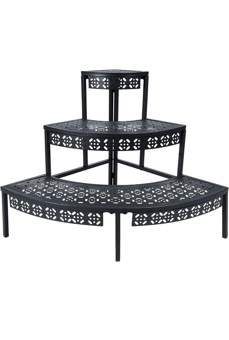 Aboxoo 3 Tier Plant Stand Flower Pot Rack, Metal Stair-Step Style Corner Shelf Planters, Quarter Round Display Holder for Indoor Outdoor Use(Black, Semicircle)