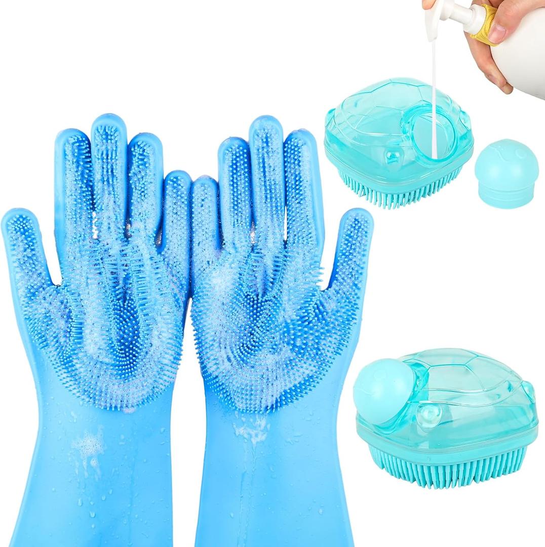 2PCS Dog Washing Gloves and Dog Shampoo Brush, Dog Bath Brush That can add Dog Shampoo, Dog Bath Supplies Dog and Cat Bath Set (Blue Light Blue)