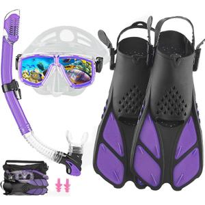 Snorkeling Gear for Adults with Fins Scuba Diving Gear Adult Professional Travel Snorkel Sets with Flippers,Anti-Fog Anti-Leak Diving Mask (US Men 9-13 | US Lady 10-14, Purple)